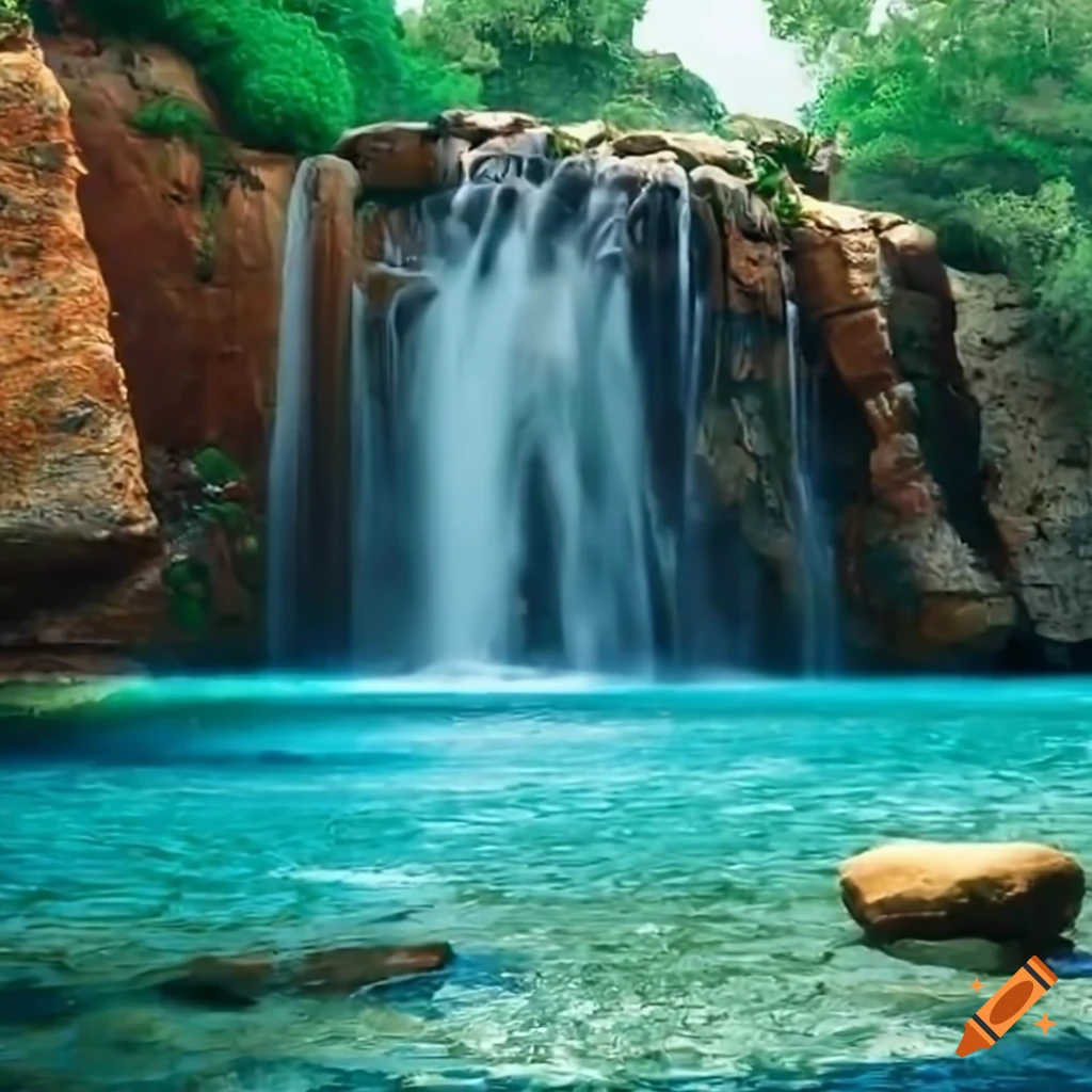Restaurant on a hill near rocks with a waterfall into a lagoon pool in a Mediterranean environment
