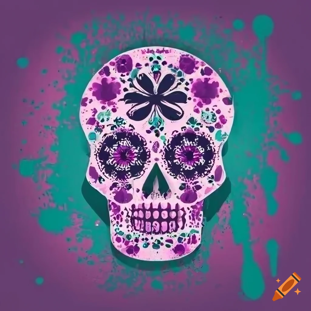 Cyan magenta paint splatter background with sugar skull silhouette