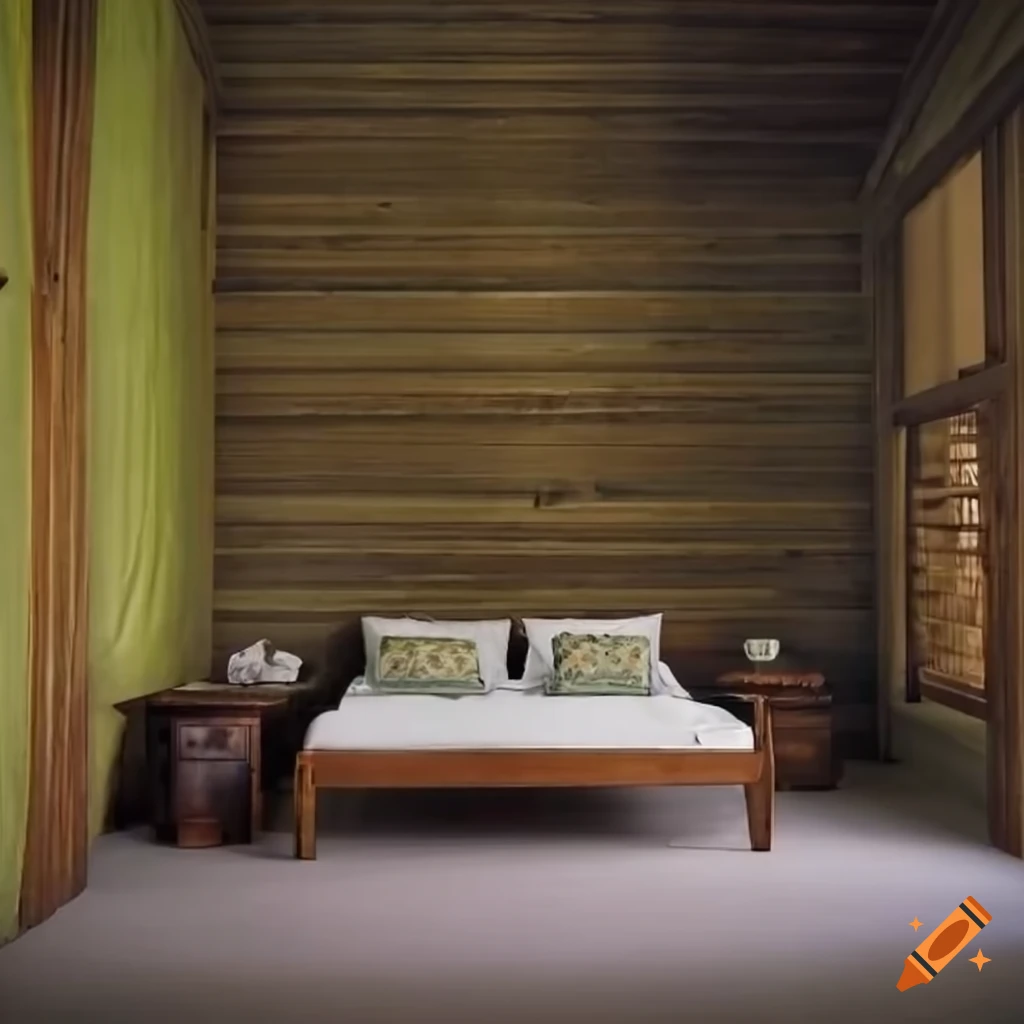 Double bed in tropical bungalow style against a wall on Craiyon