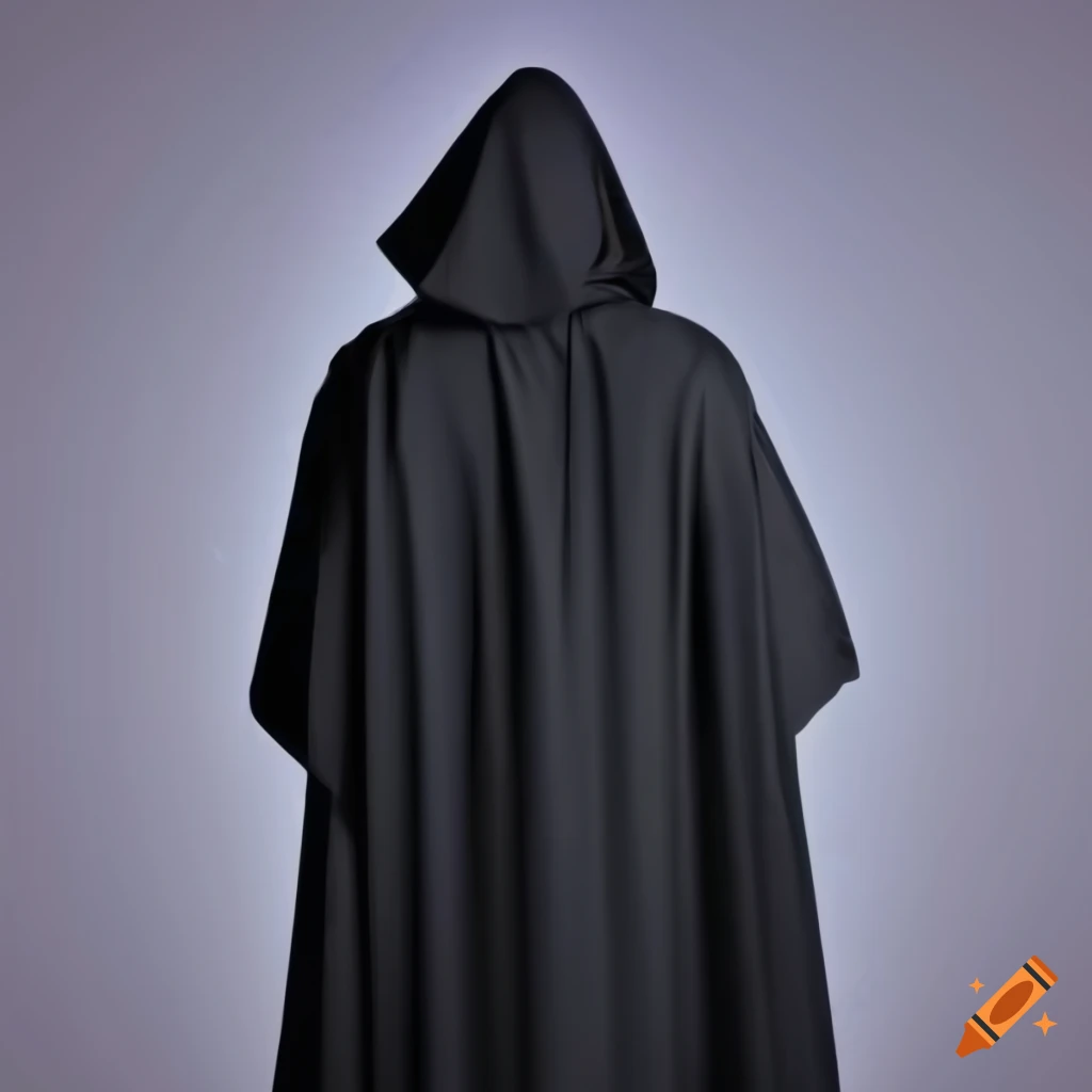 Man in black hooded cape seen from behind against a light background