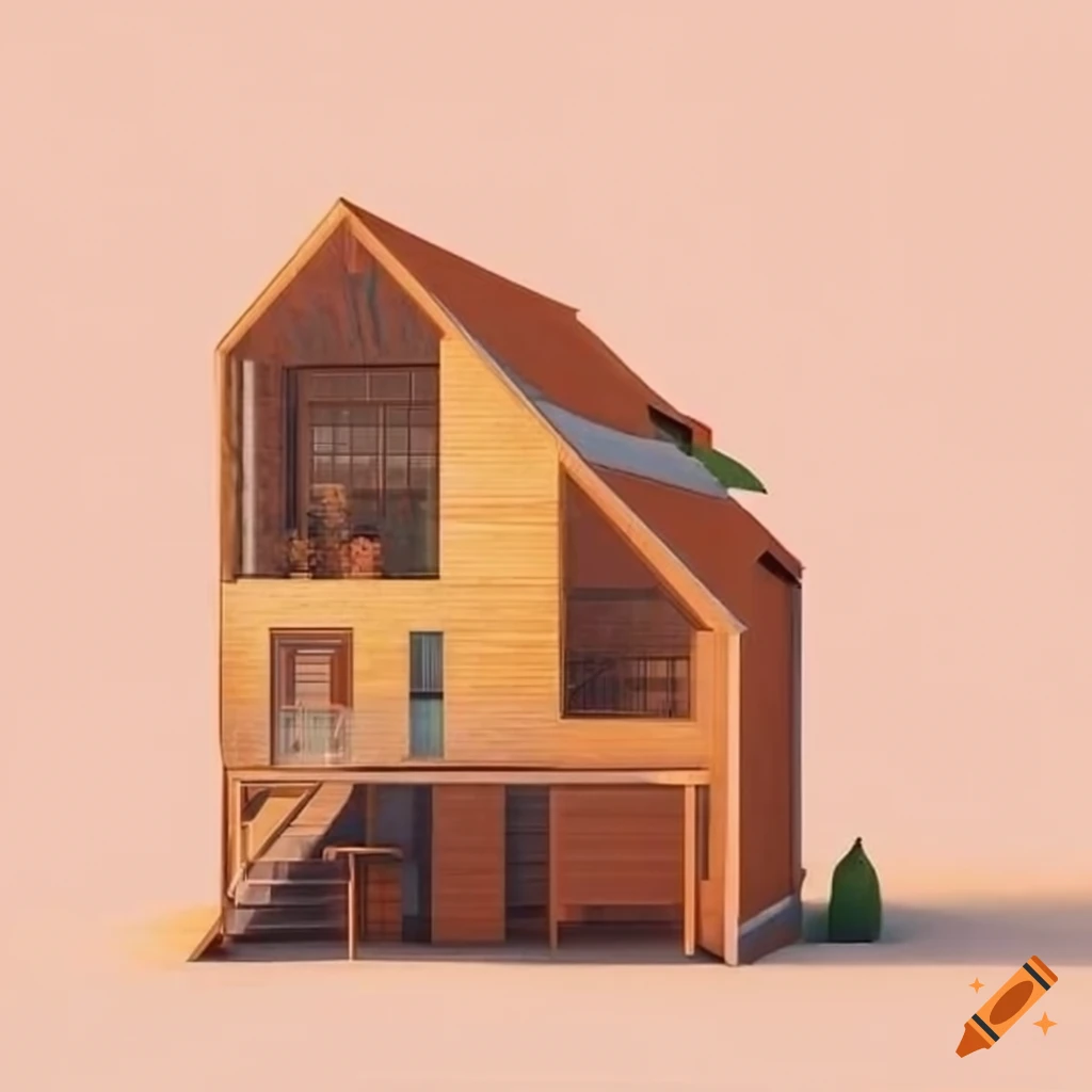 House merged in a tree with 3 floors and an attic in a drawing style