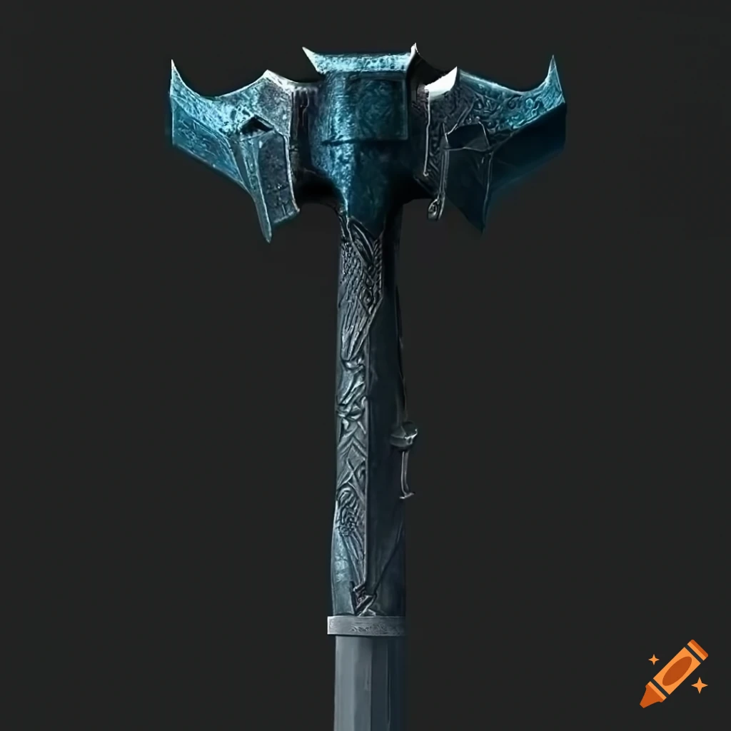 Giant hammer weapon with blades on all sides and a long hilt wrapped in