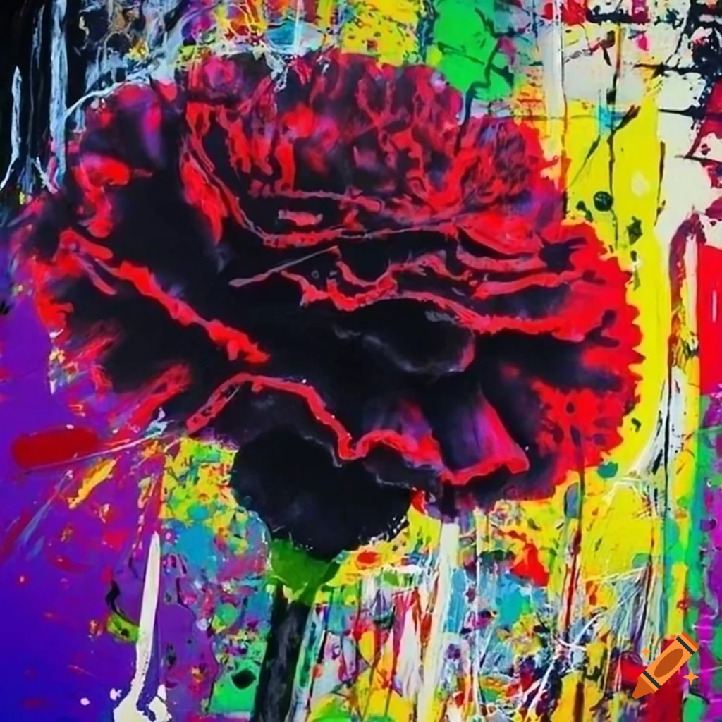 Abstract graffiti doodle of a black carnation on off texture inspired by Banksy and Jackson Pollock