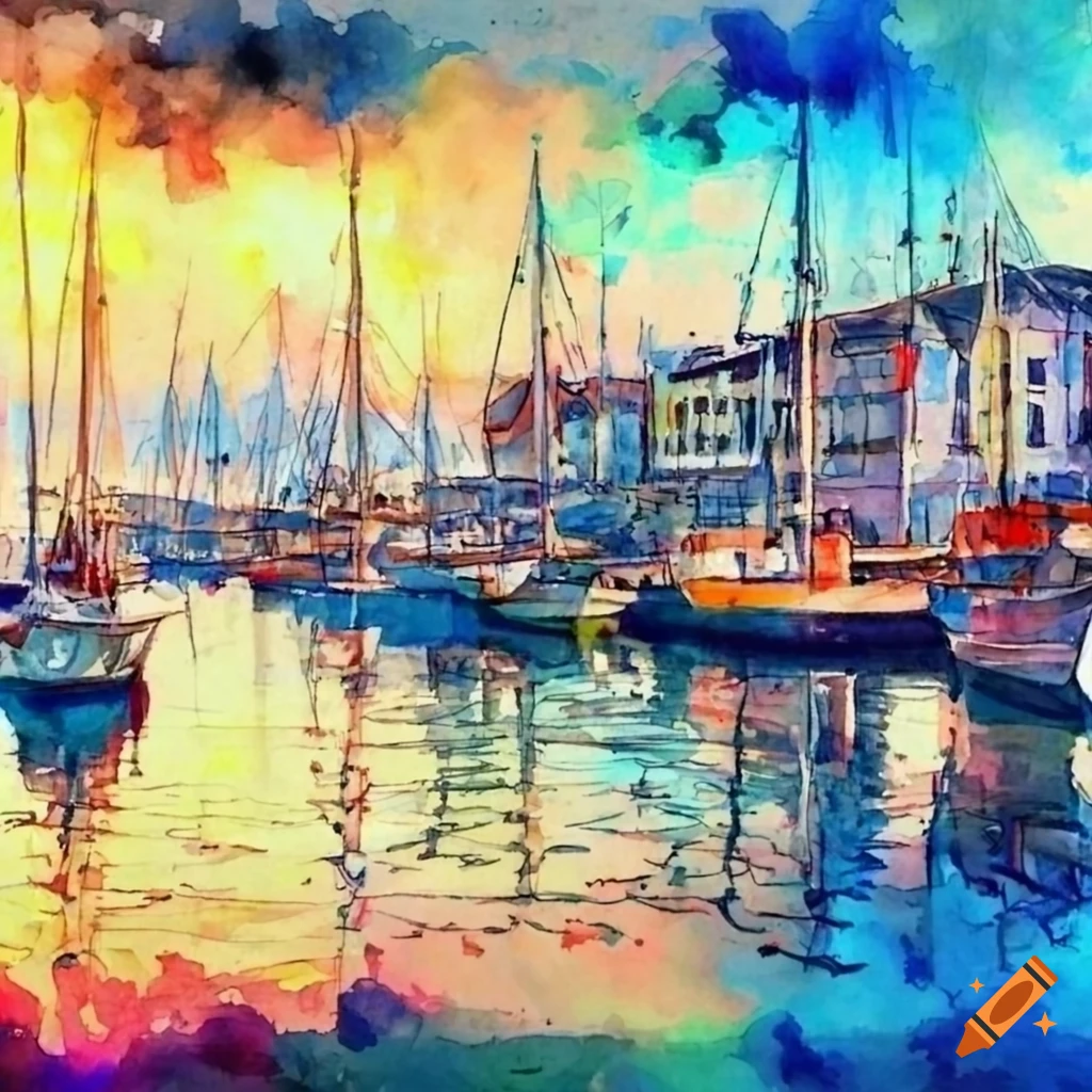 Boats in a harbor with sailing sailboats in the distance watercolor painting