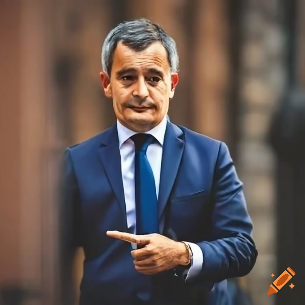French politician Gerald Darmanin pointing outside