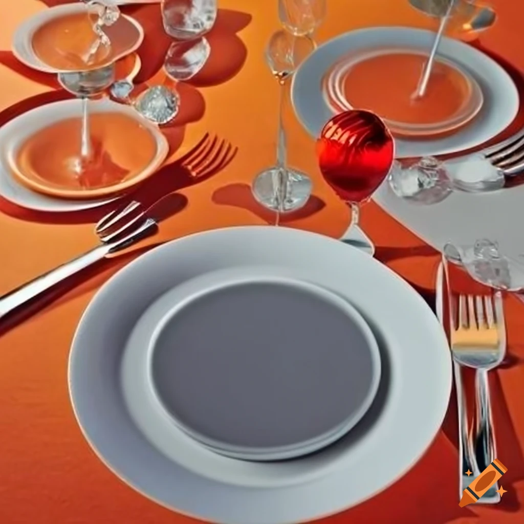 Table setting with lucite plates and bowls in red, orange, yellow, and gray colors