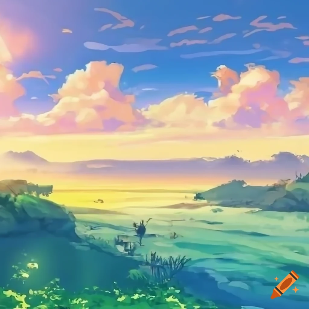 Anime desert and river with skyline, steppes, and distant mountain under blue sky
