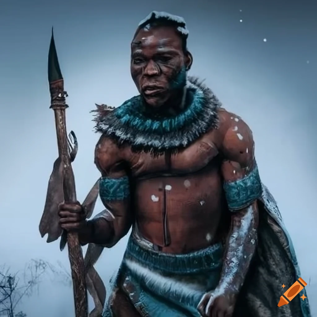 Warrior from Africa in a snowy battle scene covered in snow