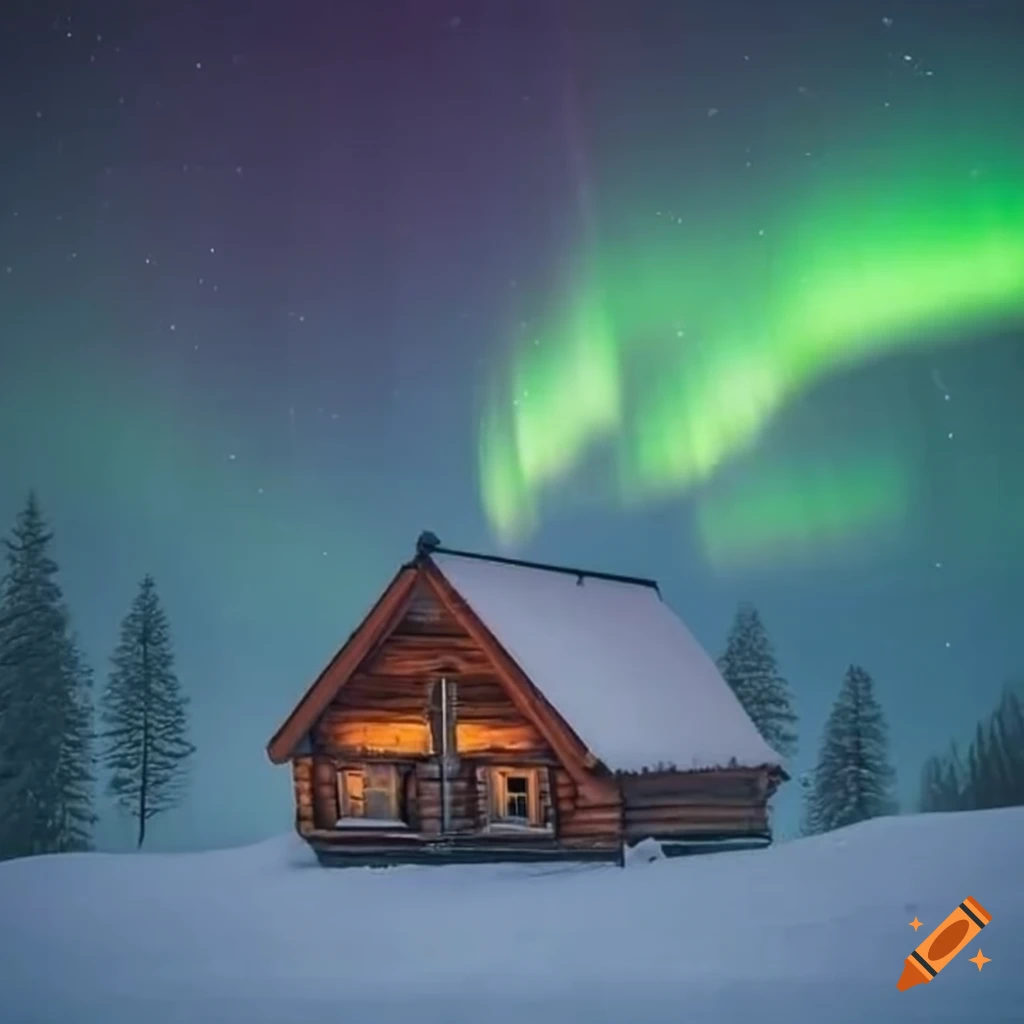 Cabin in the mountains with chimney smoke under northern lights