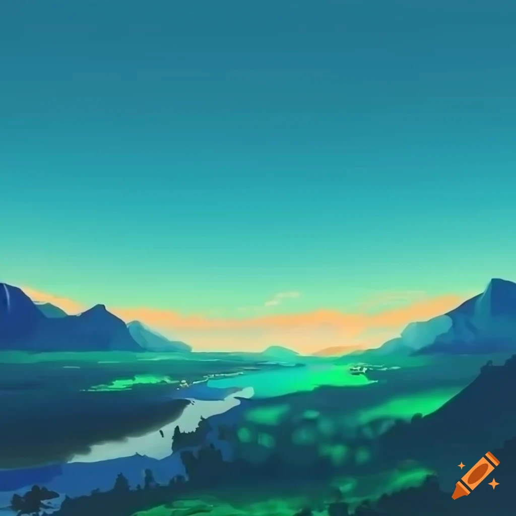 Anime desert and river with skyline, steppes, and distant mountain under blue sky