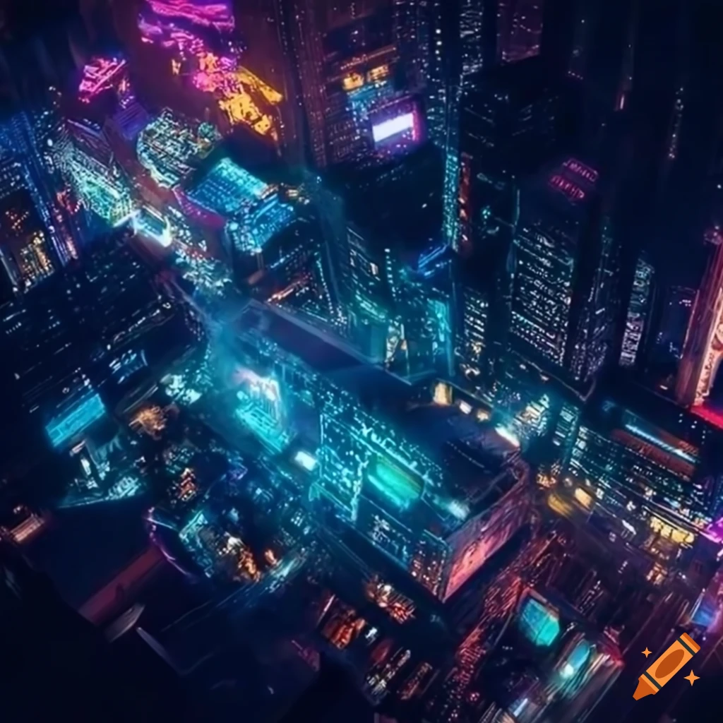 Bird's-eye view of a cyberpunk industrial city with neon lights and ...