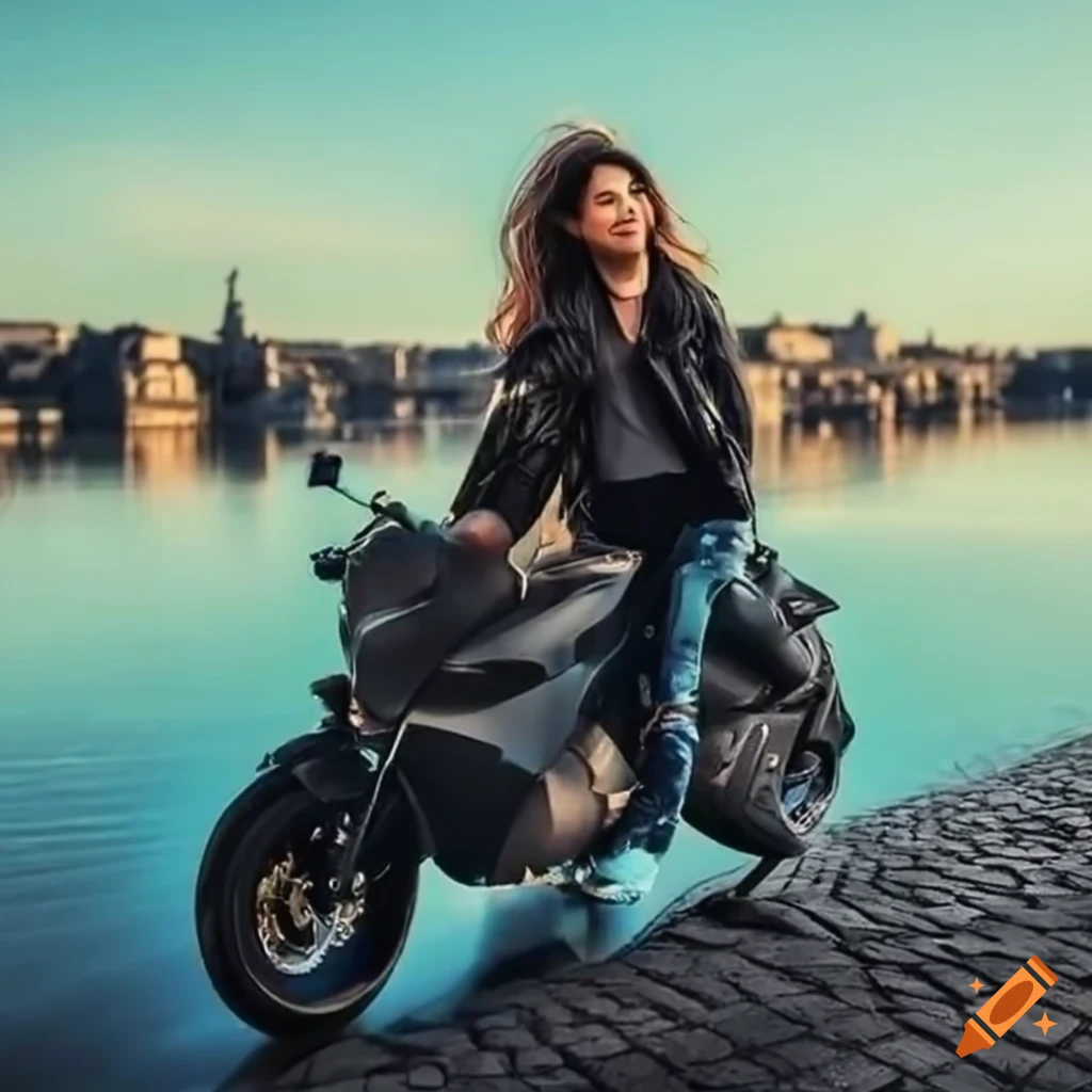 Custom motorcycle with an Asian woman in the city of Bordeaux under a blue sky and sun