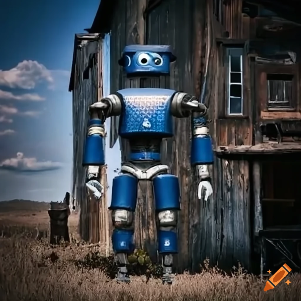 Innovative patriot-colored robot in an Old West town