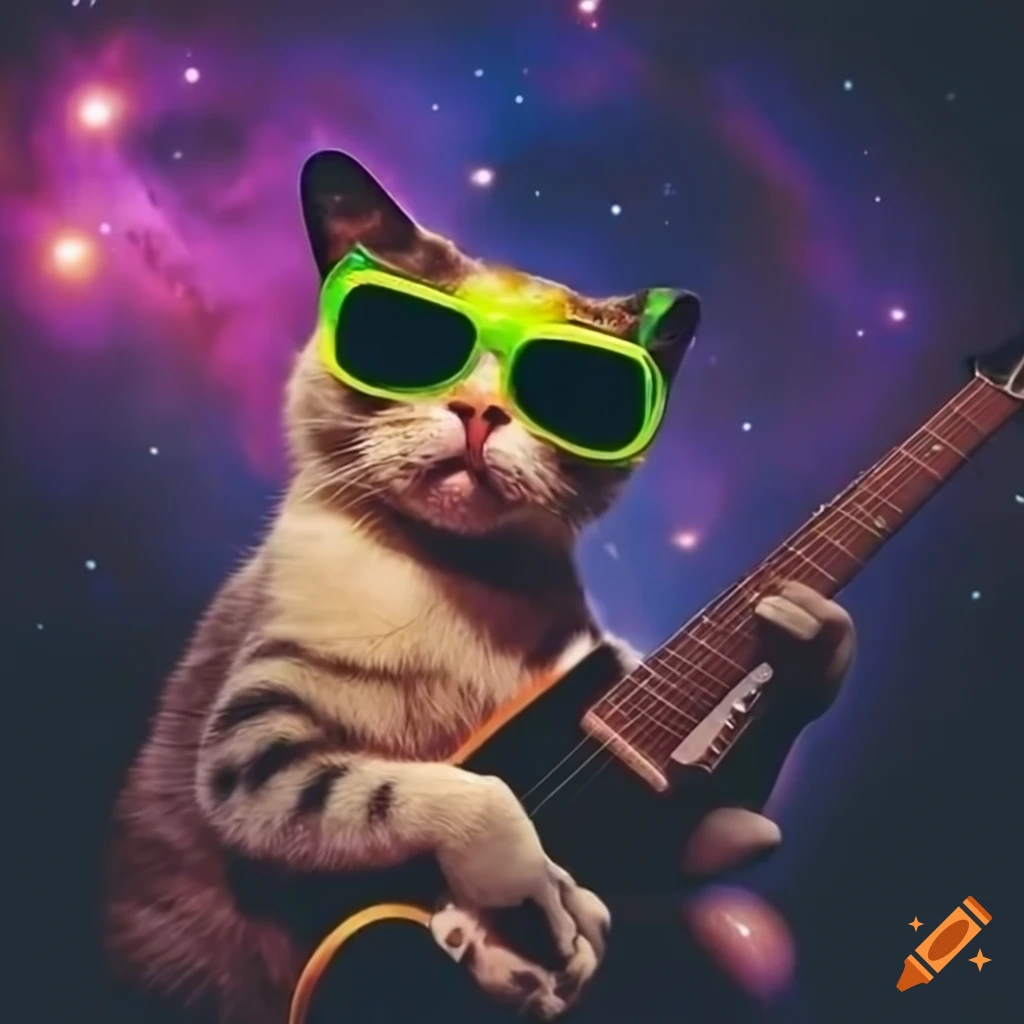 Cat with sunglasses playing electric guitar in front of a nebula on Craiyon