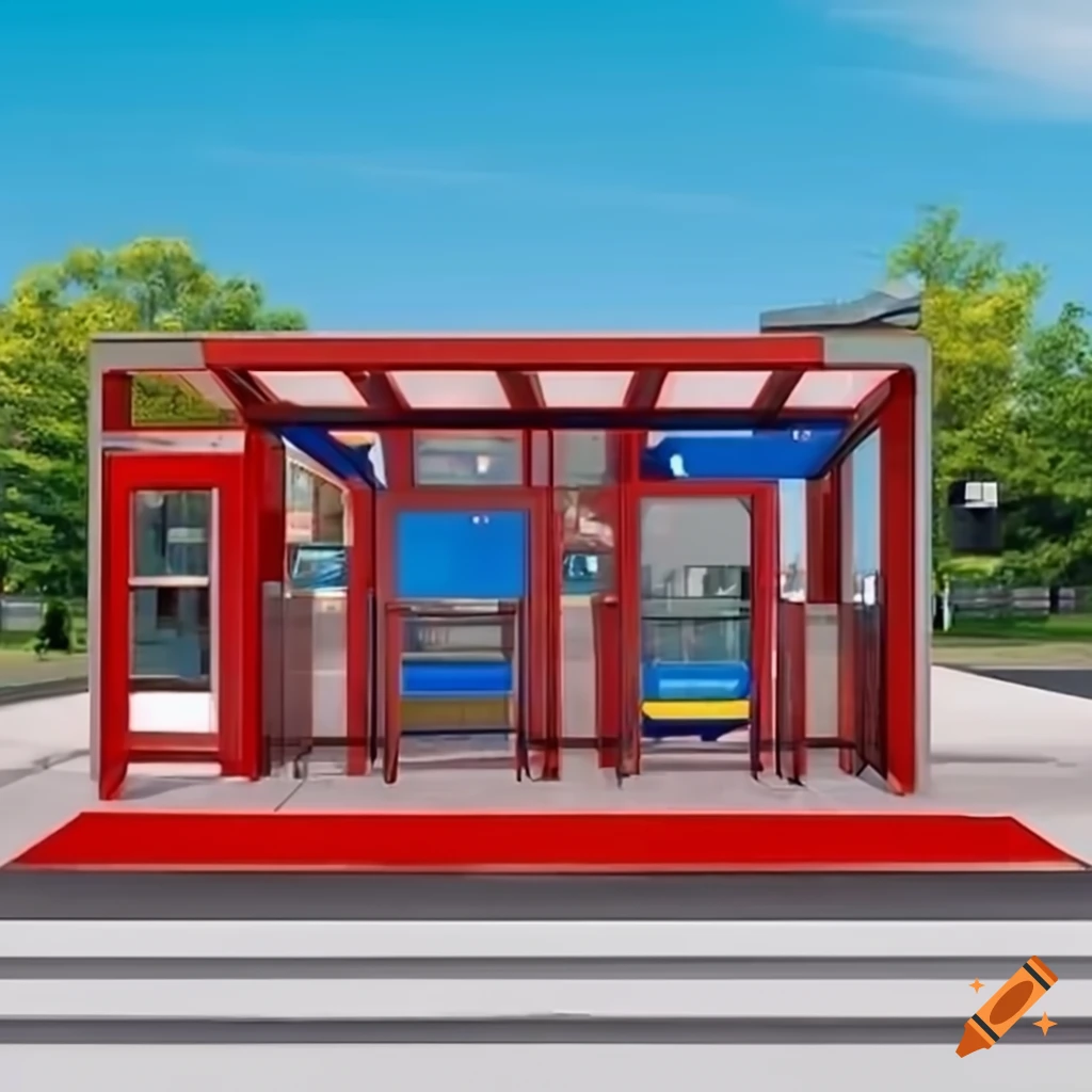 Red and blue bus stop design by RTA in Shaker Heights, Ohio with ample seating