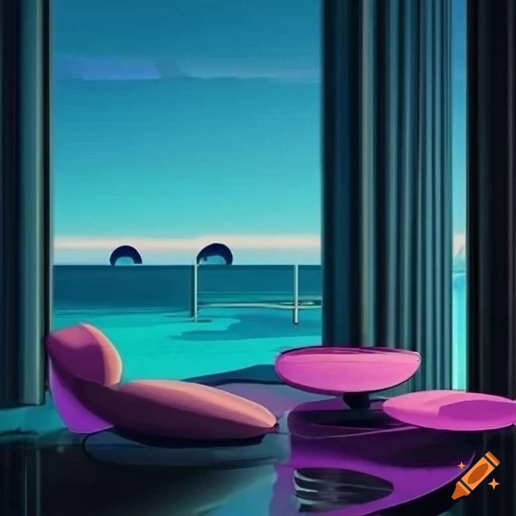 Futuristic waterfront luxury resort with Lisa Frank aesthetic and tropical elements