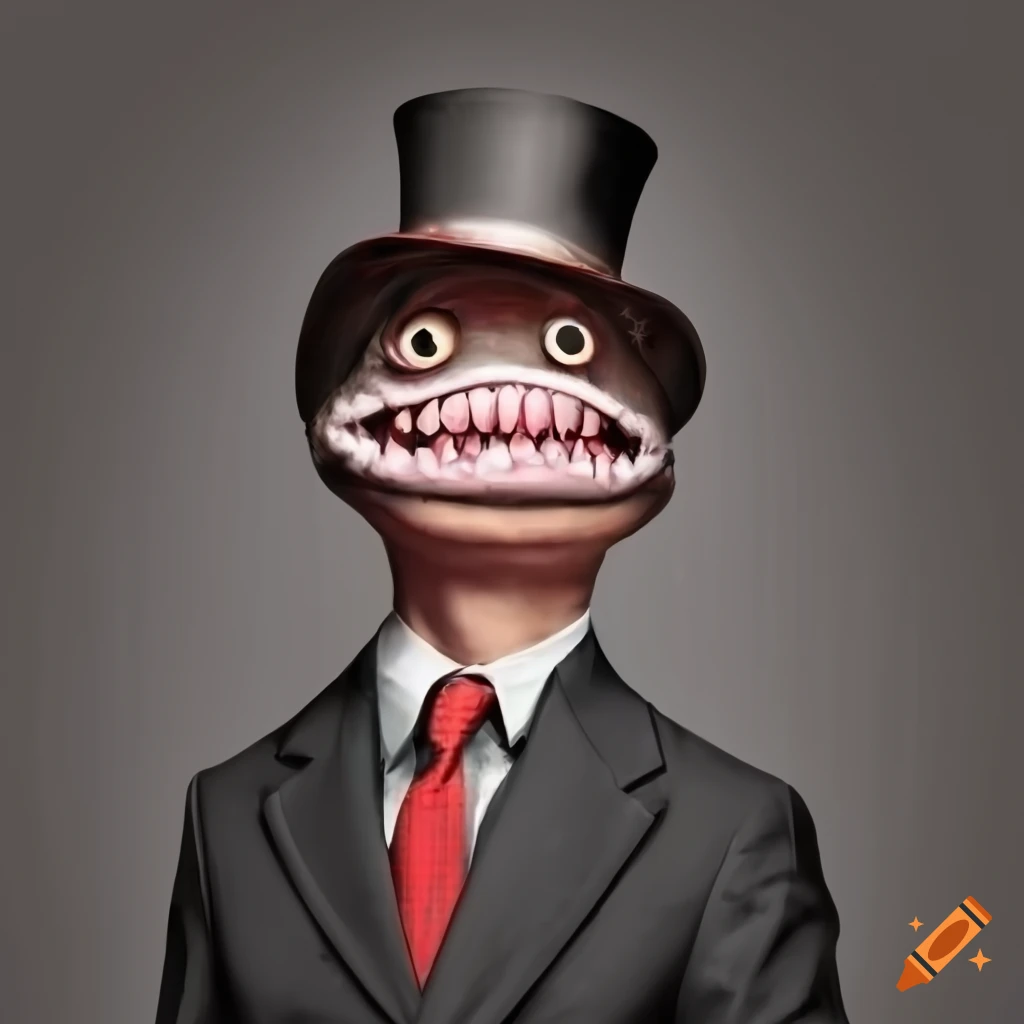 Man with blob fish head, black suit, red tie, top hat, and monocle