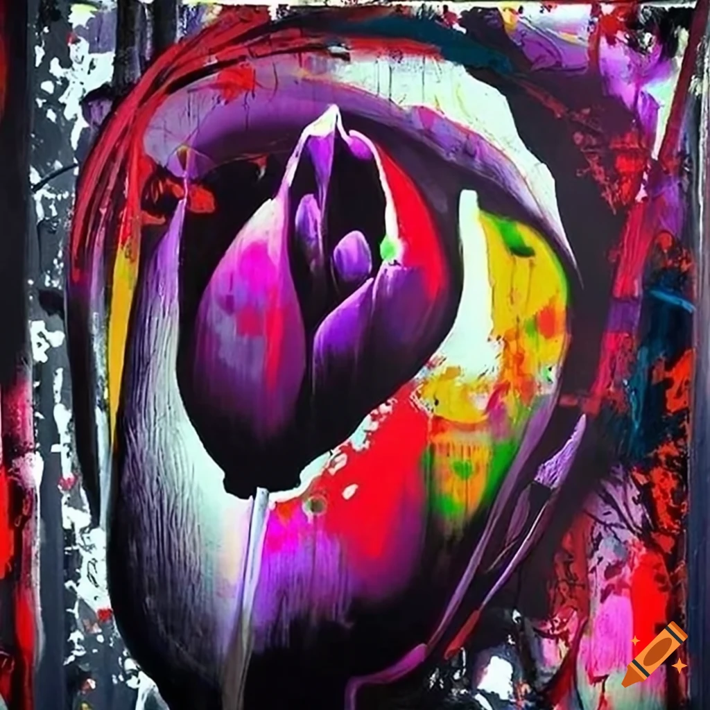 Abstract graffiti doodle of black tulips on textured background inspired by Banksy and Jackson Pollock