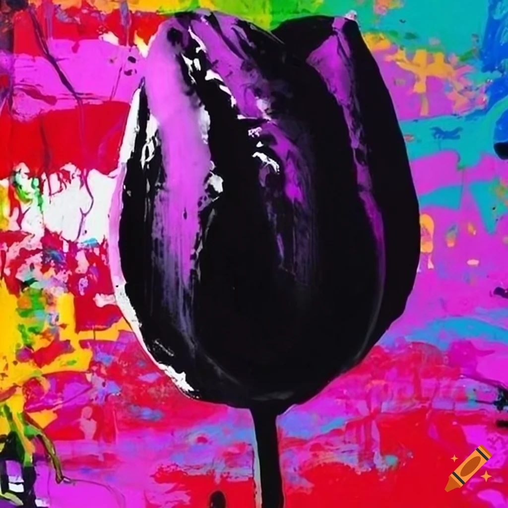 Abstract graffiti doodle of black tulips on textured background inspired by Banksy and Jackson Pollock