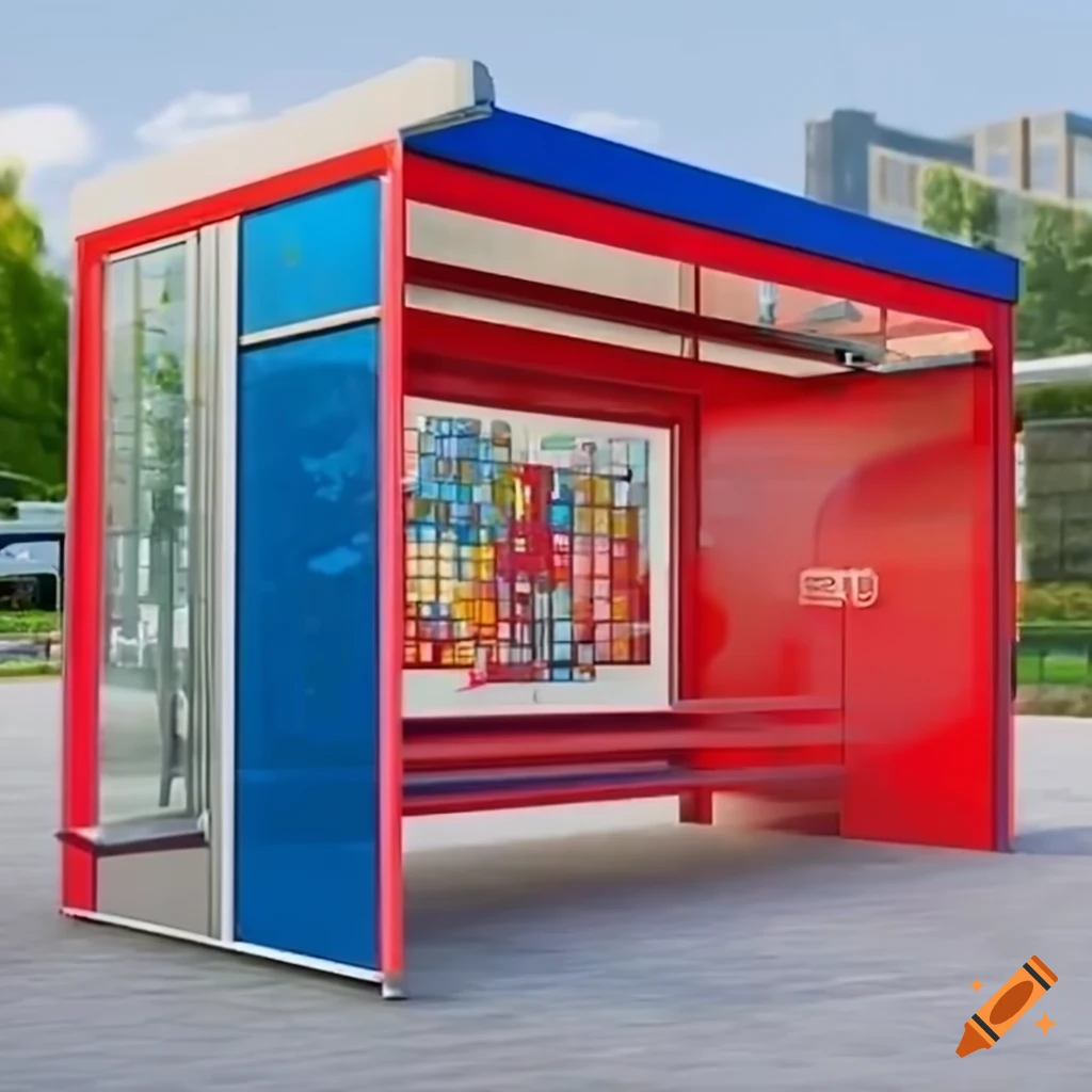 Red and blue bus stop design by RTA in Shaker Heights, Ohio with ample seating