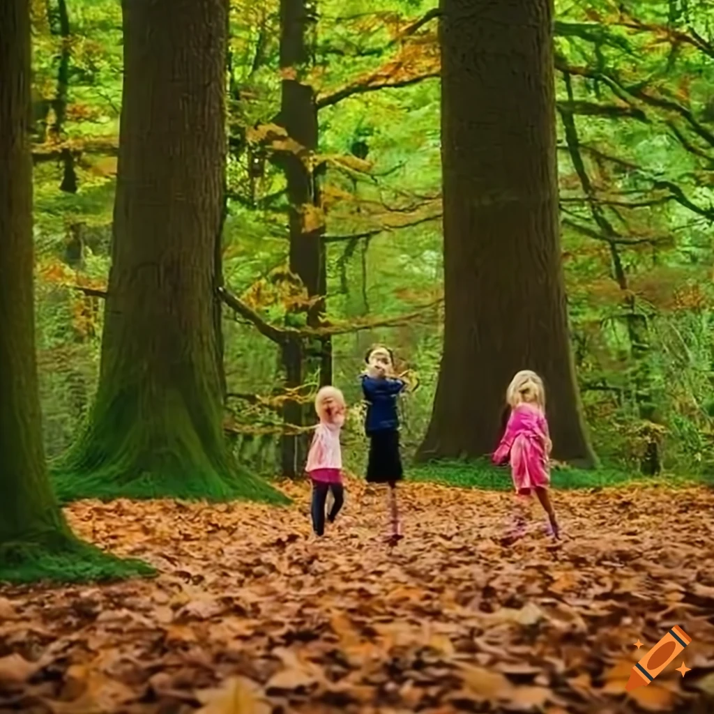 Children dressed in leaves playing in a lush forest on Craiyon