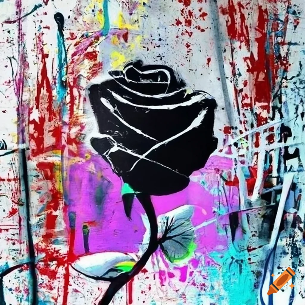 Abstract graffiti doodle of a black rose on textured background inspired by Banksy and Jackson Pollock