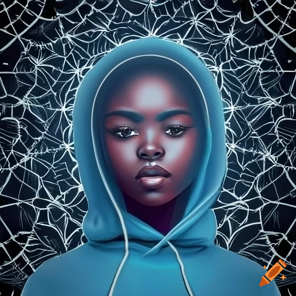 Resilient young Black woman in a blue hoodie surrounded by a geometric spider web