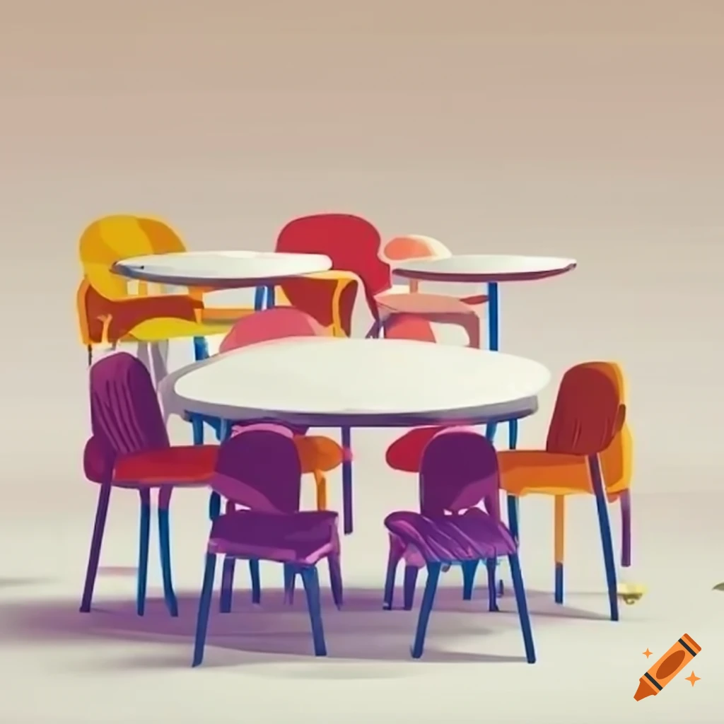 School cafeteria with students eating at tables and chairs