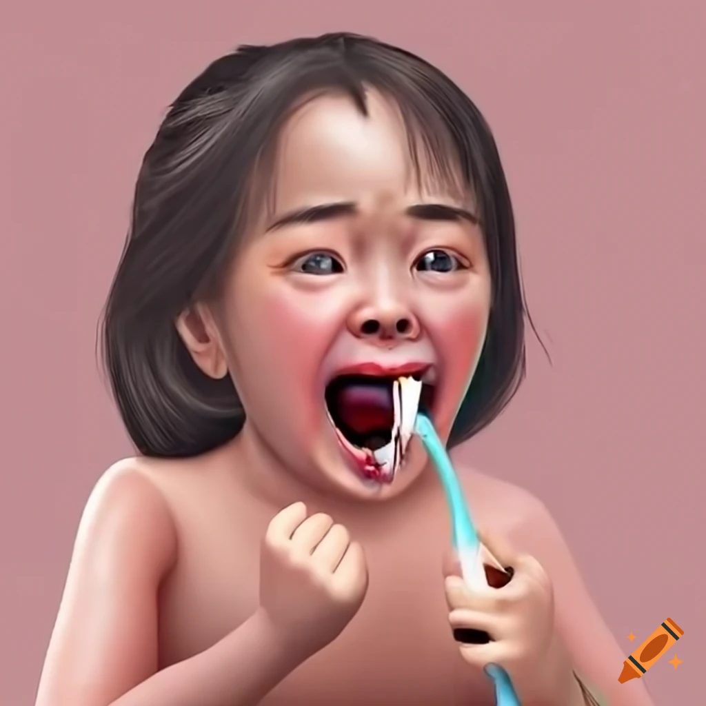 Asian mother brushing child's teeth in a playful way