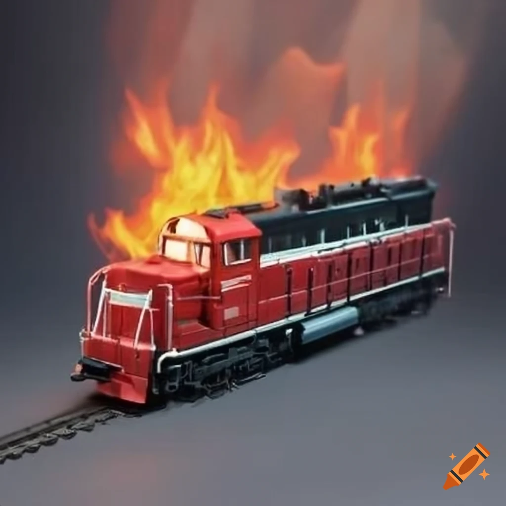 HO scale diesel locomotive model on fire
