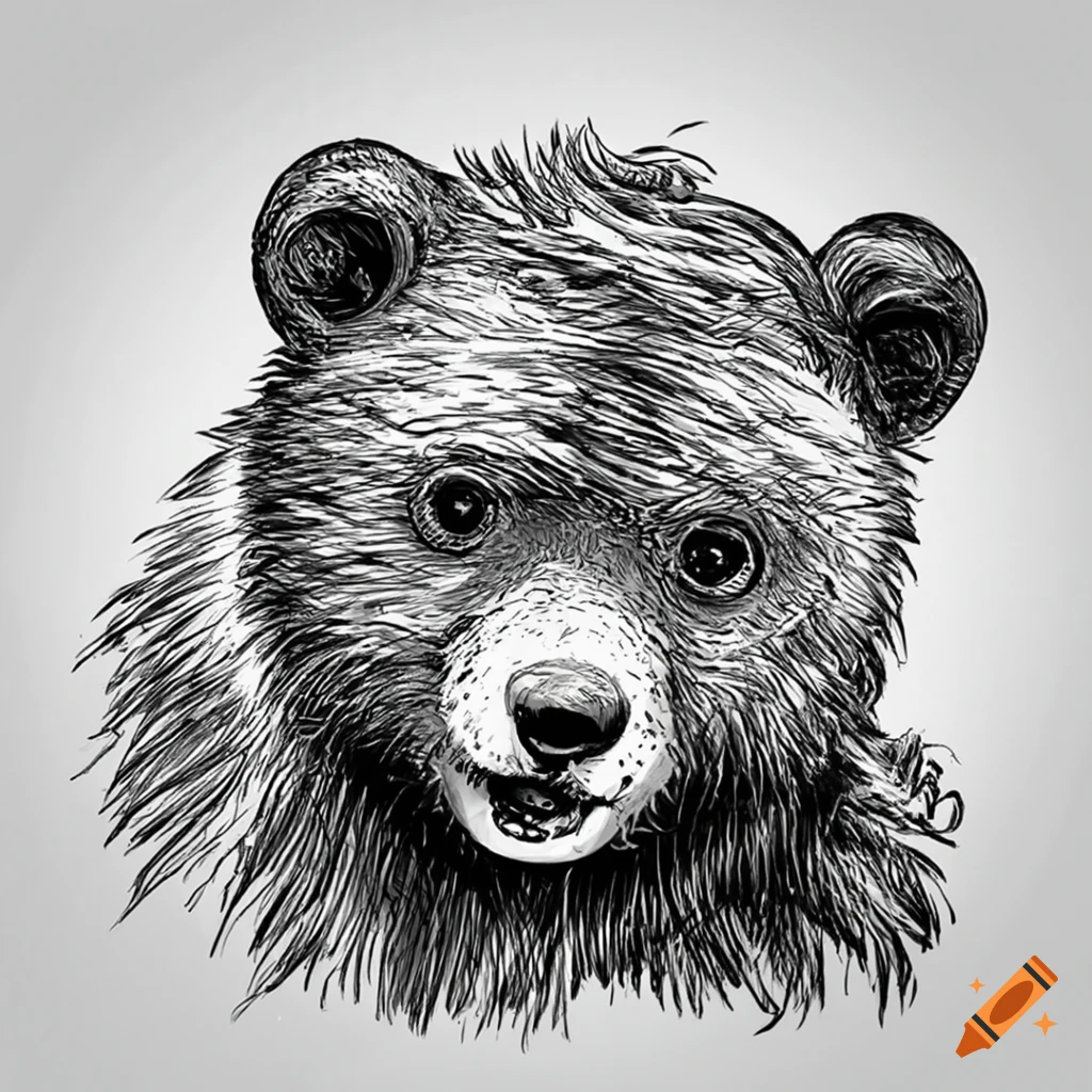 Charming bear cub in black and white sketch art style