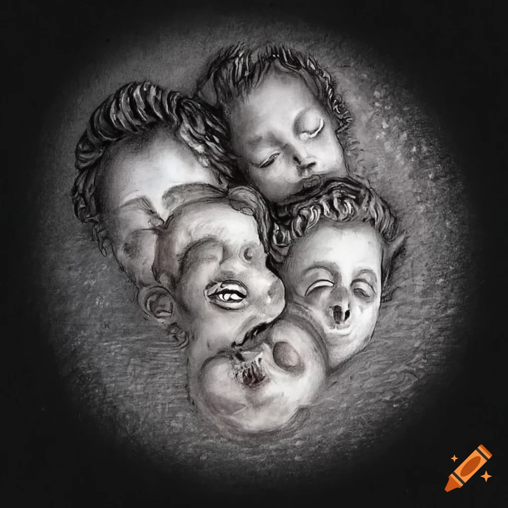 Cherubs' faces emerging from a circle of light in a black and white charcoal drawing