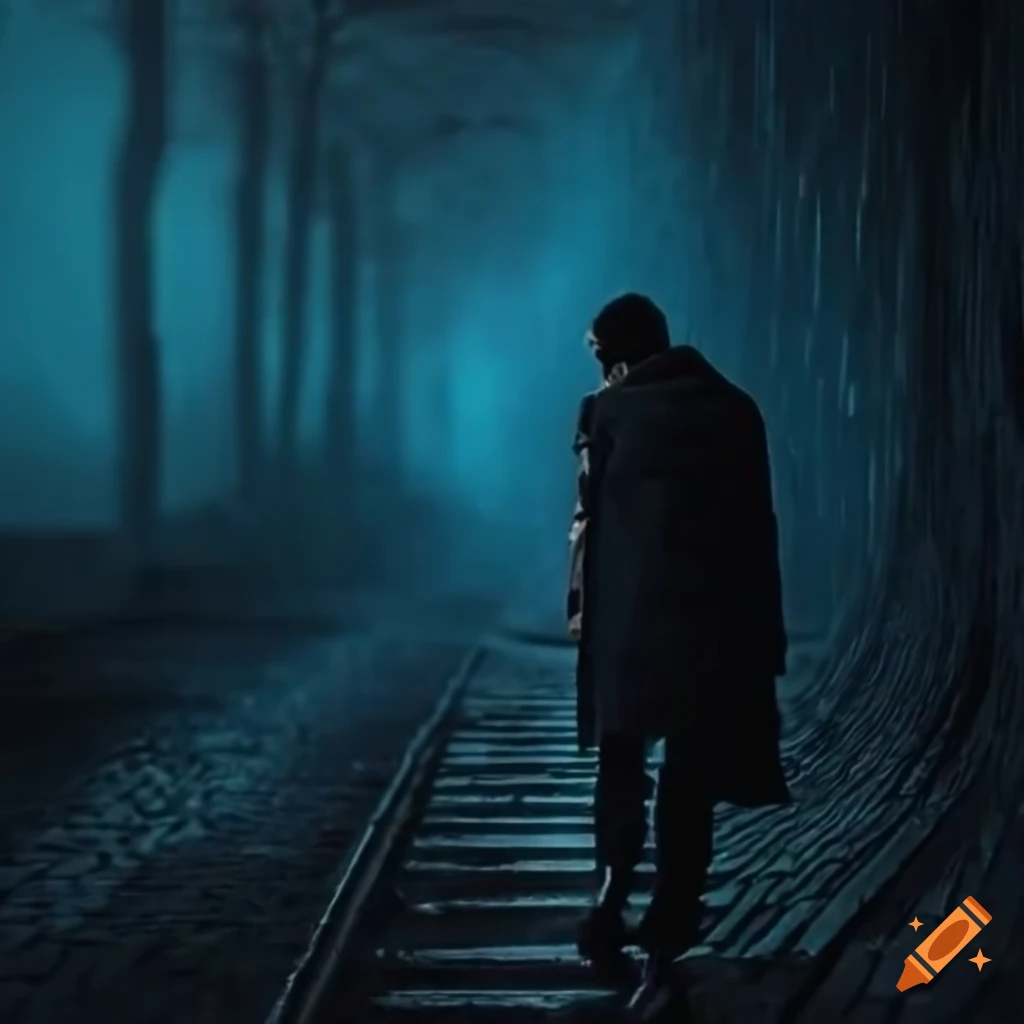 Man with dark hair walking in dark tunnel with rain and mist