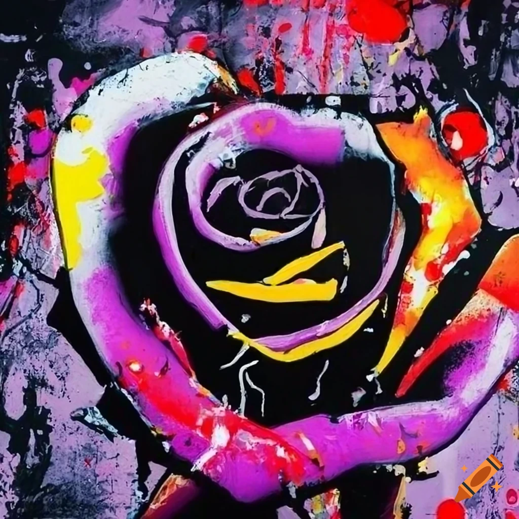 Abstract graffiti black rose on textured canvas inspired by Banksy and Jackson Pollock