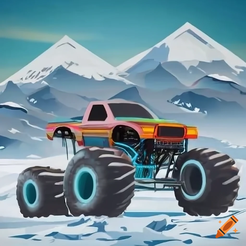 Monster trucks jumping with snow-capped mountains in the background