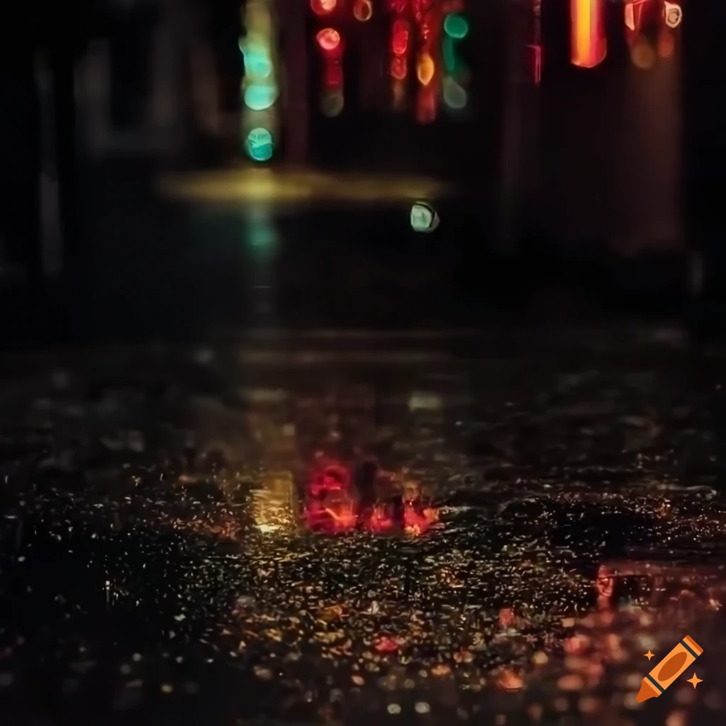 Dark rainy day with neon lights reflection on the streets