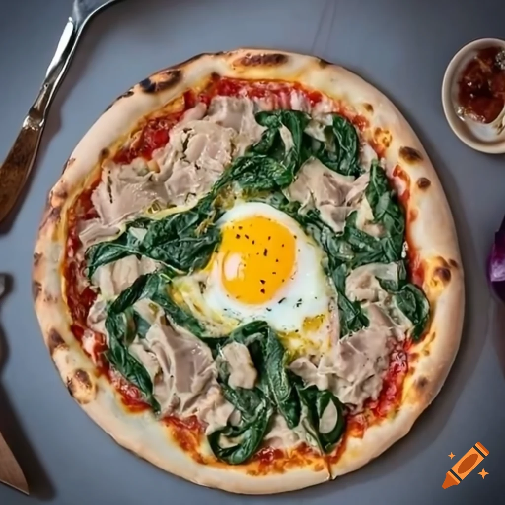 Pizza topped with spinach, onions, tuna, and fried egg