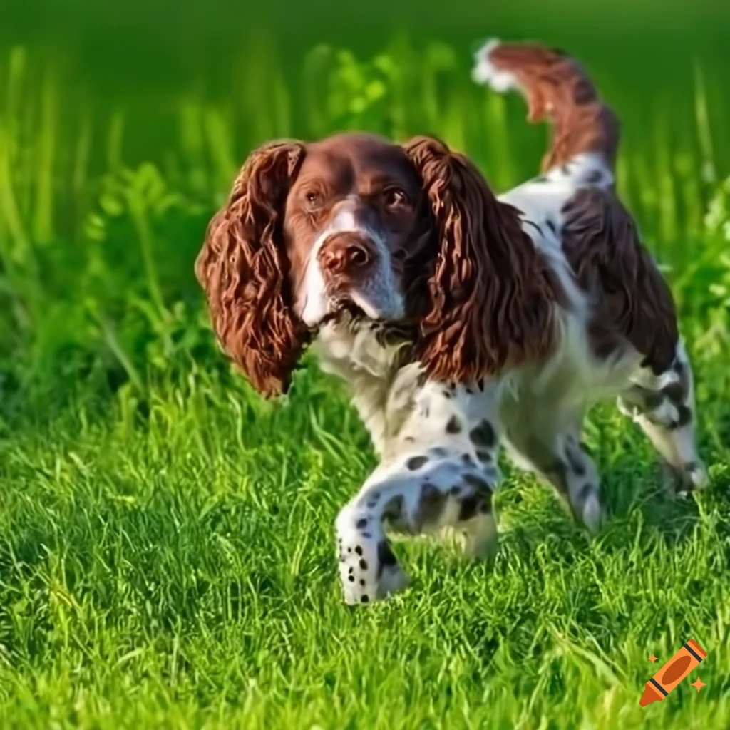 Hyper realistic claymation springer spaniel playing in a green field