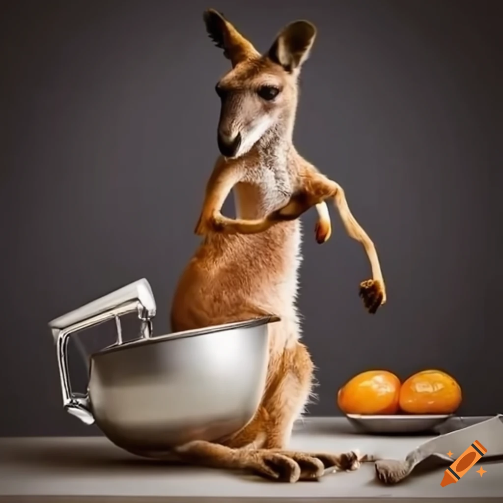 Playful kangaroo mimicking a cook in a modern kitchen with a mixer