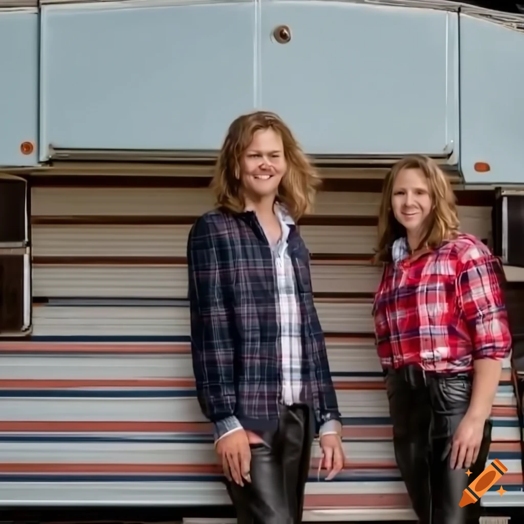 Photorealistic closeup of 2 singers Irimia twins in country attire standing by an old caravan trailer