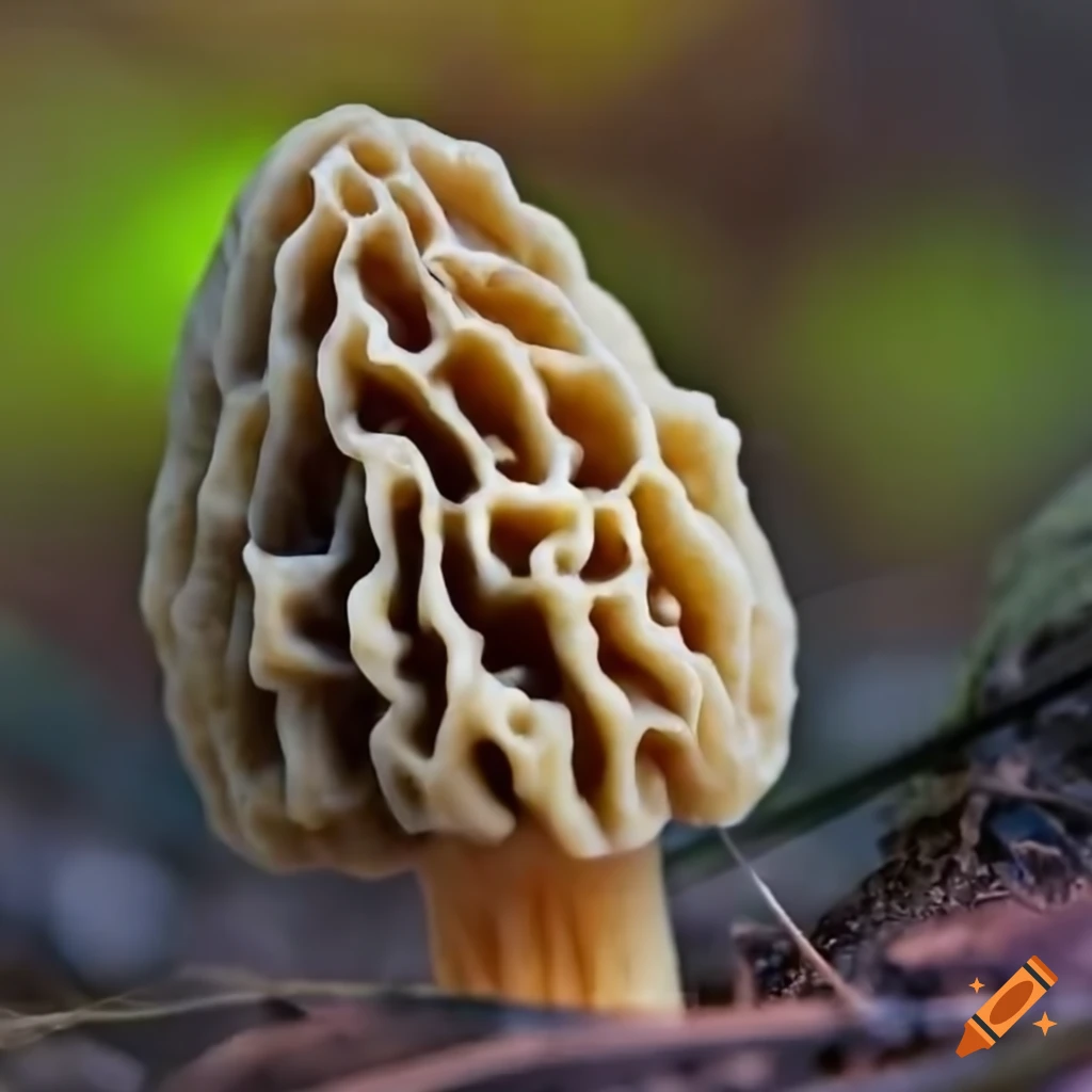 Unique morel mushroom growing from a bowling ball