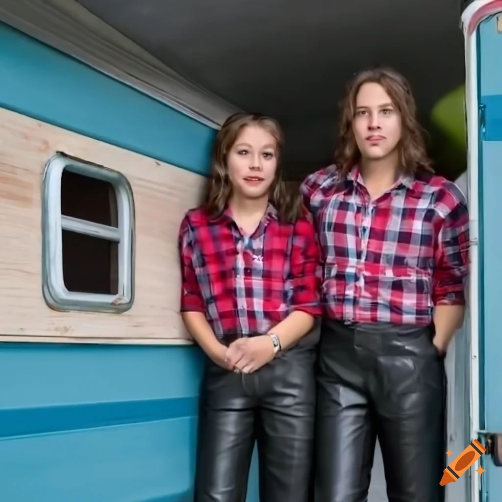 Photorealistic closeup of 2 singers Irimia twins in country attire standing by an old caravan trailer