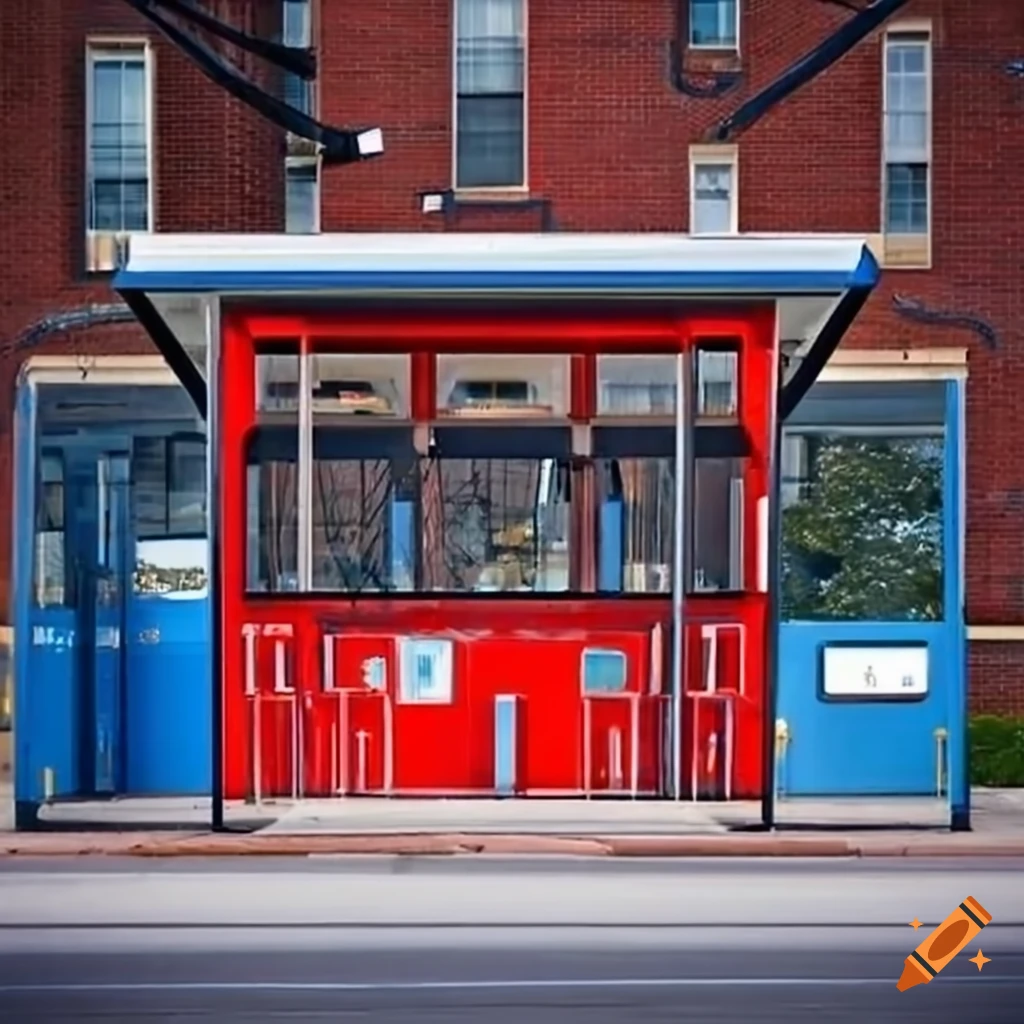 Innovative red and blue bus stop design by rta in shaker heights, ohio