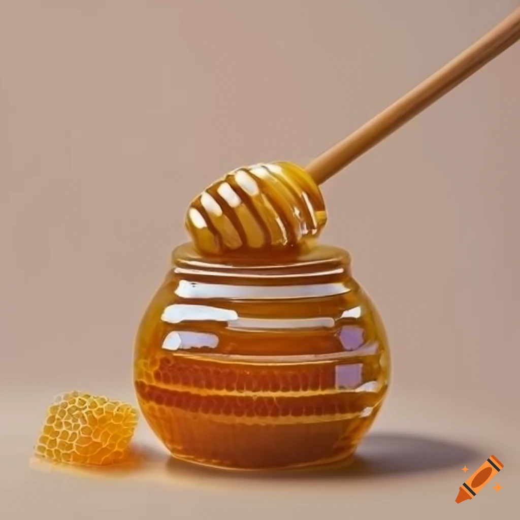 Honey pot with honeycomb on beige background