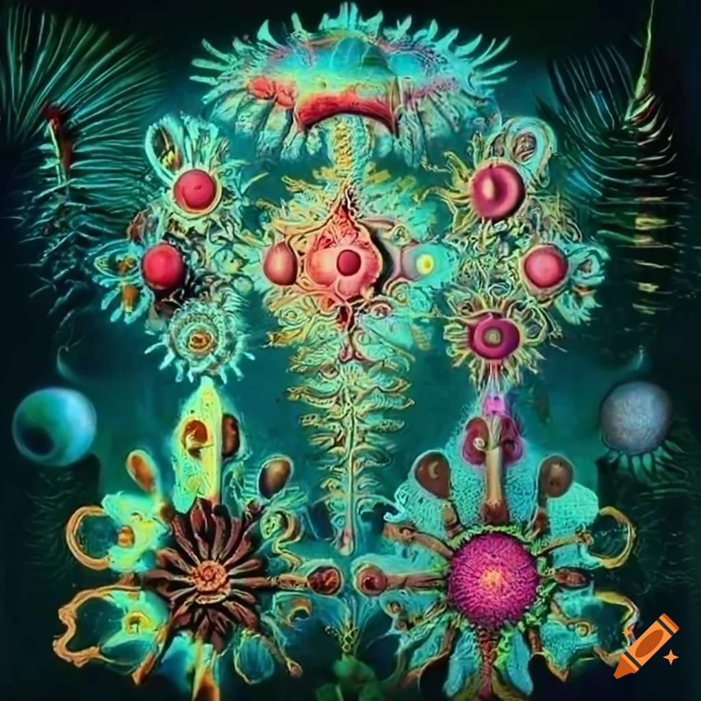 Surreal marine jungle depicting a handsome man emerging from the quadrivium of knowledge