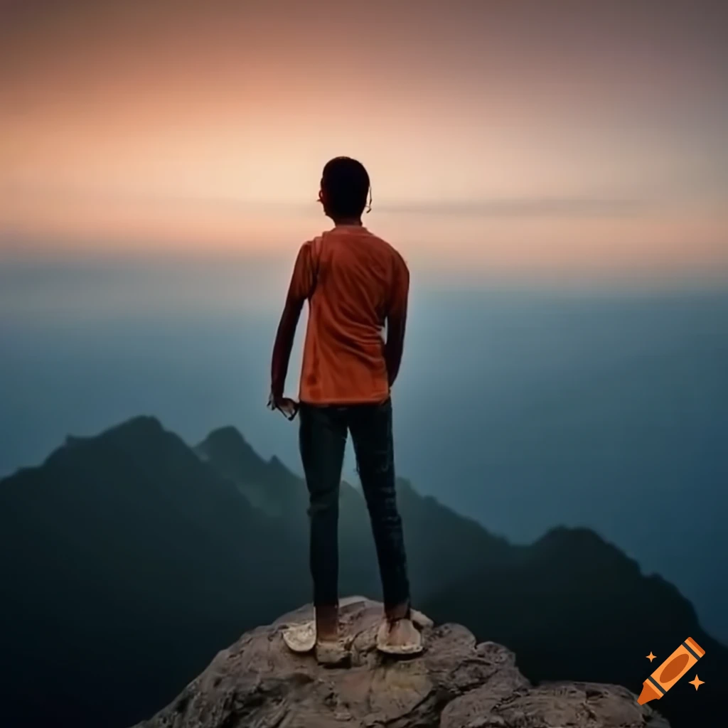 Indian man standing on a mountain with a pen in hand