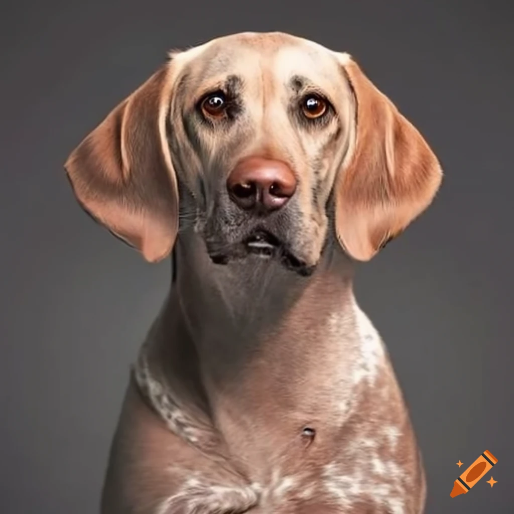 Mix breed dog with traits of yellow lab and german shorthaired pointer