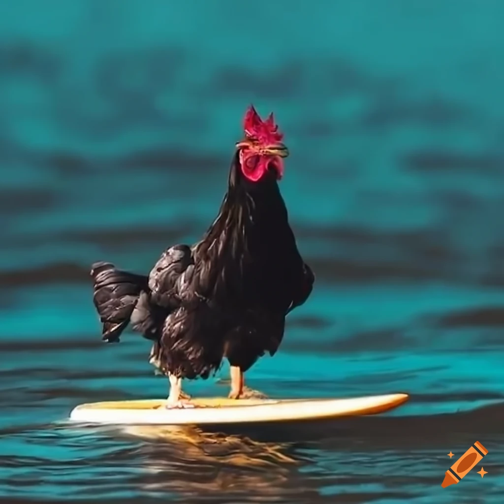 Black chicken surfing on a surfboard in the ocean with a safety ...