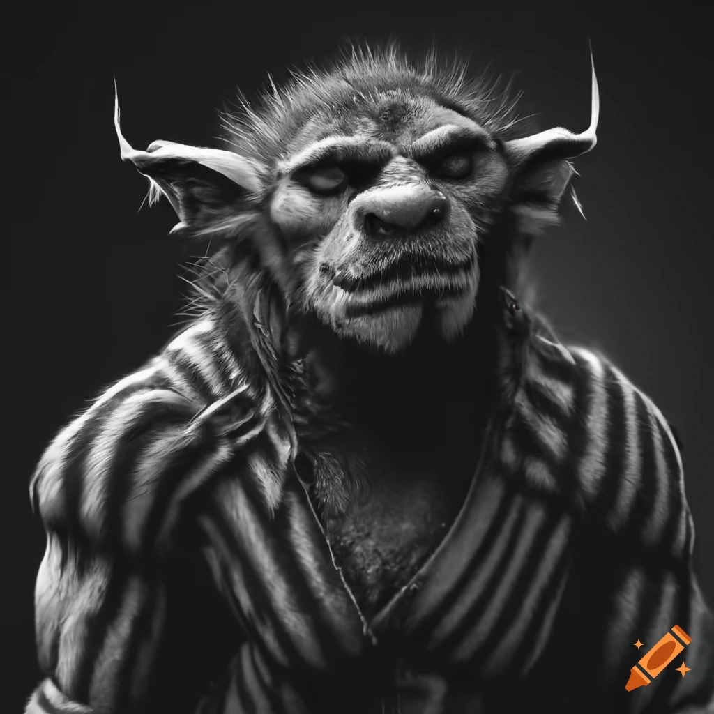Black and white photo of an emo bugbear with striped fur