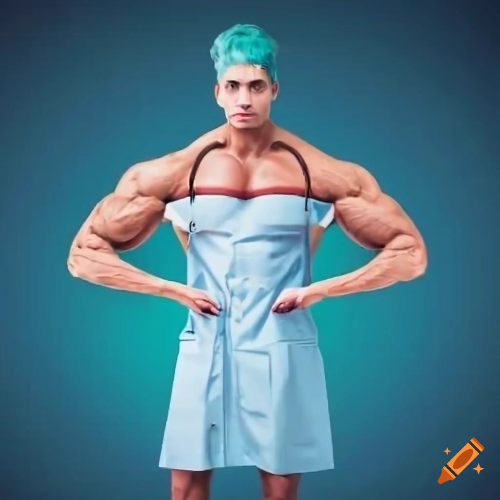 Muscular bodybuilder in doctor's suit looking at the camera